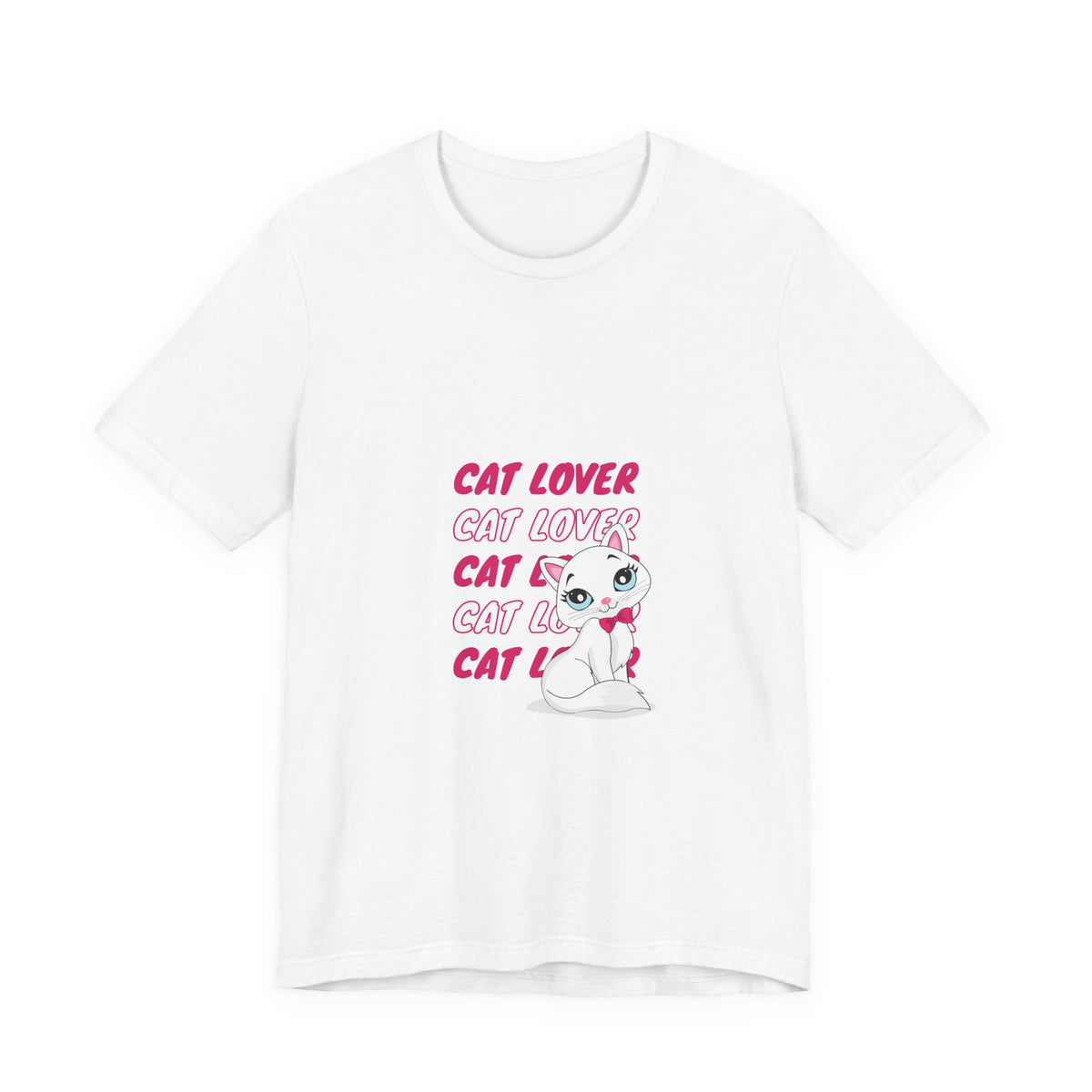 Cat Lover Graphic Tee — Cute White Cat Illustration with 'CAT LOVER' Pink Text