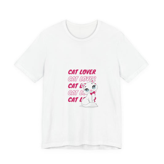Cat Lover Graphic Tee — Cute White Cat Illustration with 'CAT LOVER' Pink Text