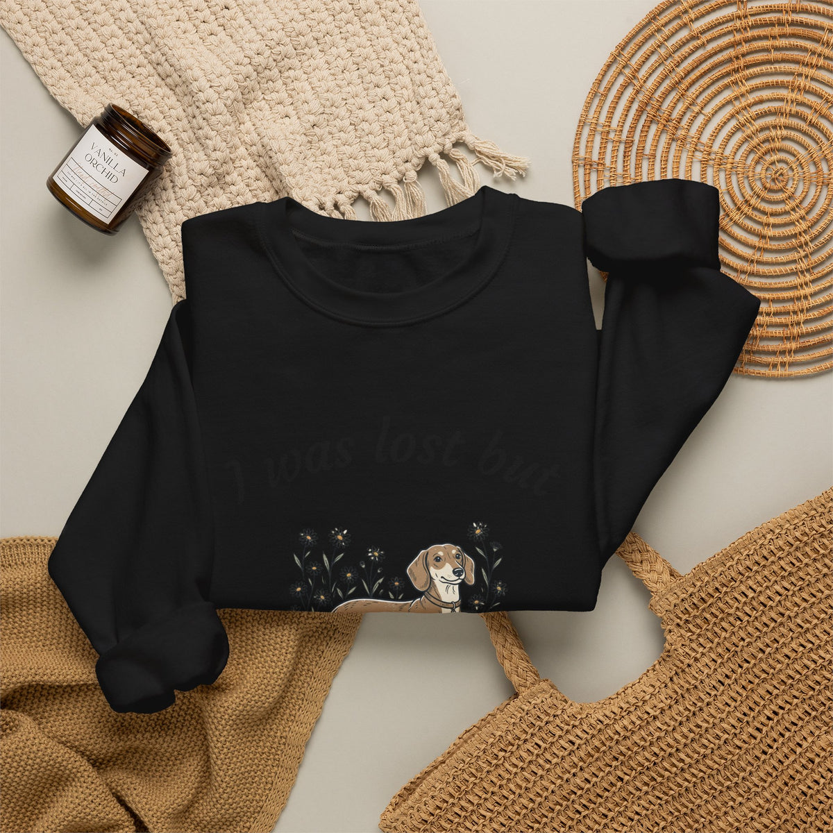 Dachshund Sweatshirt — "I was lost but now I’m hound" Crewneck