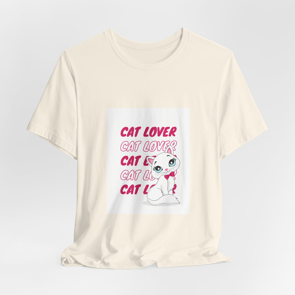 Cat Lover Graphic Tee — Cute White Cat Illustration with 'CAT LOVER' Pink Text
