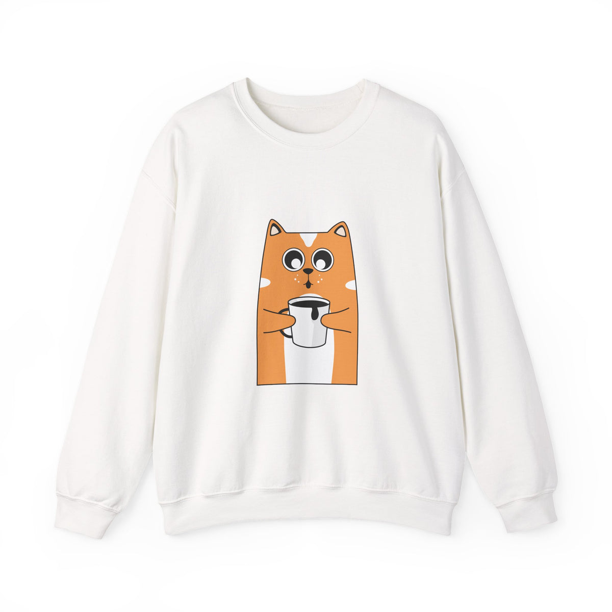 Cat Coffee Crewneck Sweatshirt — Cute Orange Cat Holding Mug Cozy Pullover