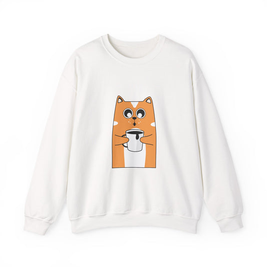 Cat Coffee Crewneck Sweatshirt — Cute Orange Cat Holding Mug Cozy Pullover
