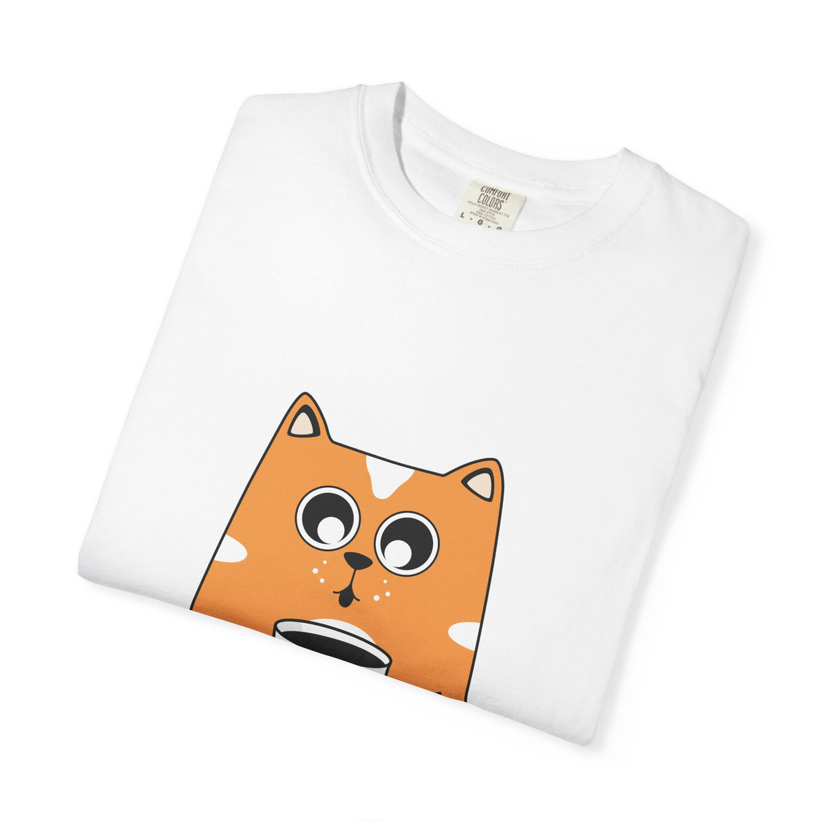 Cute Orange Cat Holding Coffee T-Shirt — Playful Café Cat Tee