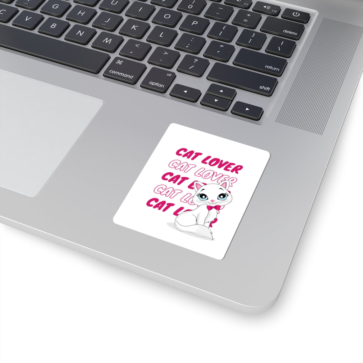 Cat Lover Kiss-Cut Sticker — Cute White Cat with Pink Text