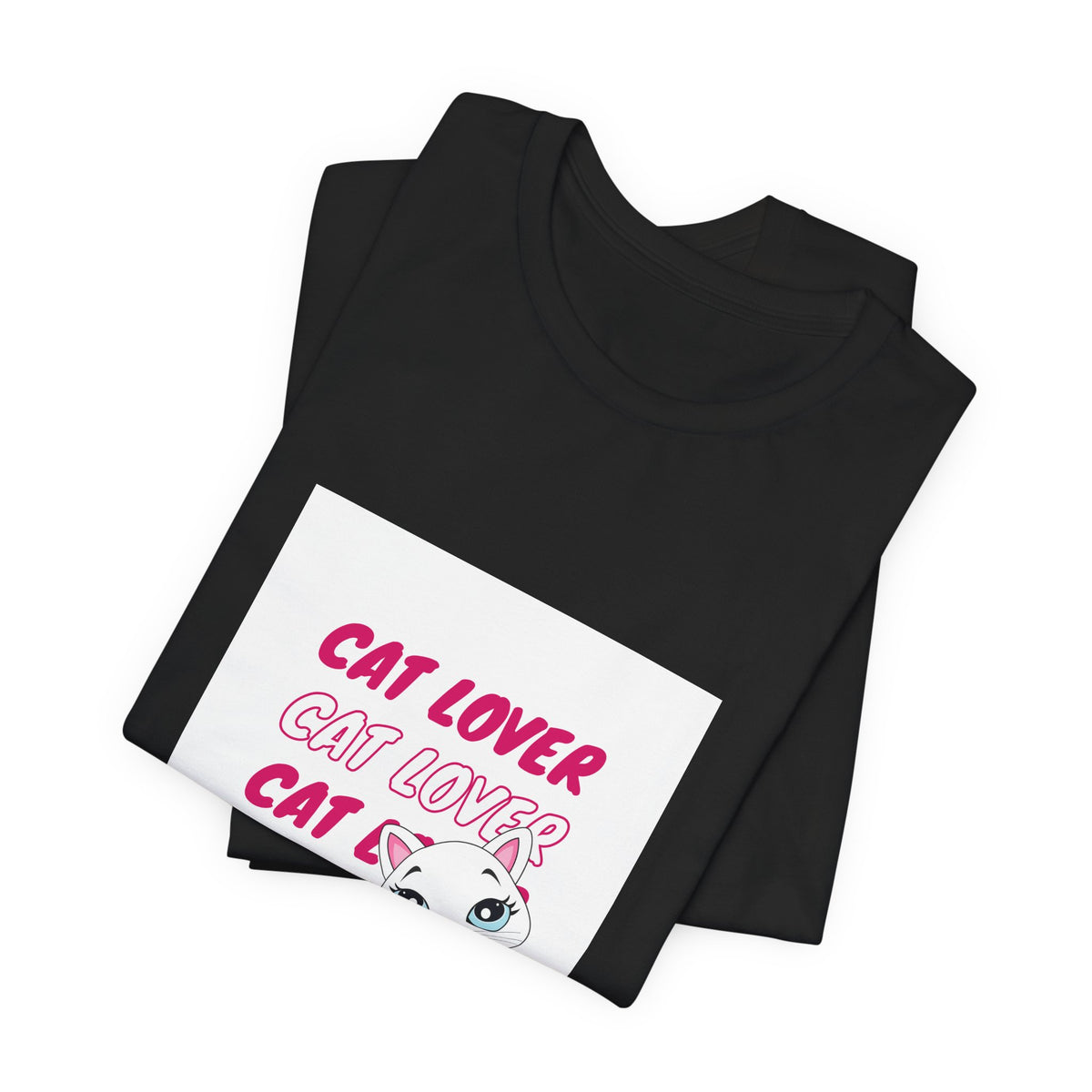 Cat Lover Graphic Tee — Cute White Cat Illustration with 'CAT LOVER' Pink Text