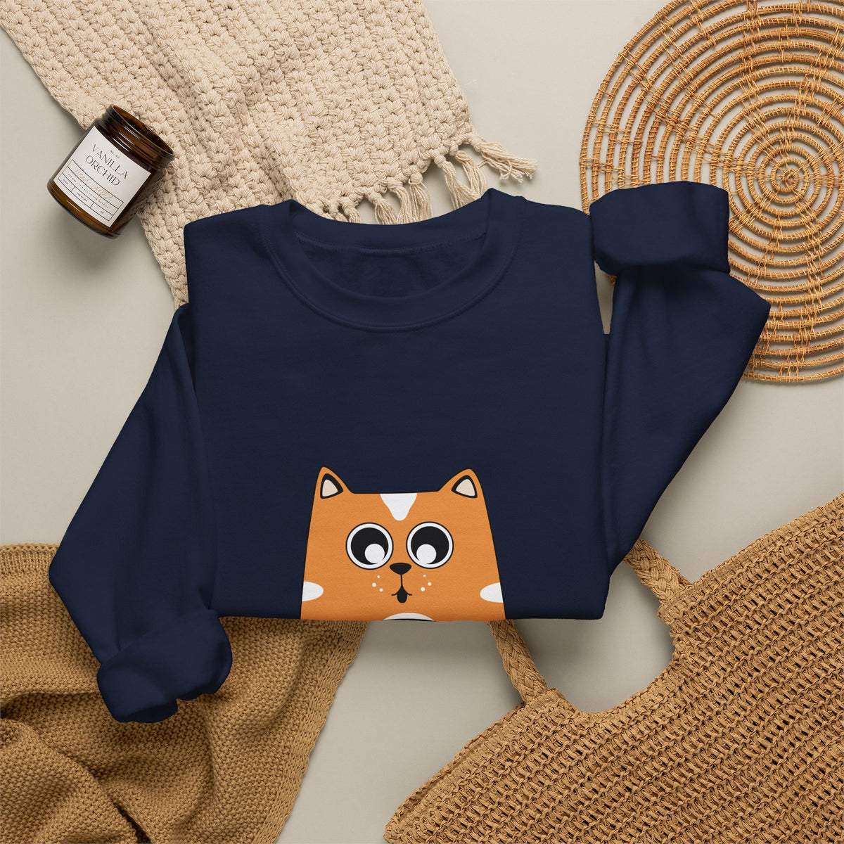 Cat Coffee Crewneck Sweatshirt — Cute Orange Cat Holding Mug Cozy Pullover