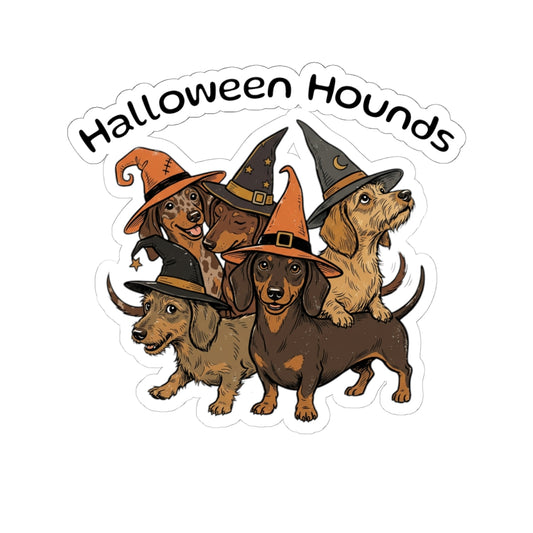 Halloween Hounds Sticker — Dachshund Squad in Witch Hats Kiss-Cut Sticker