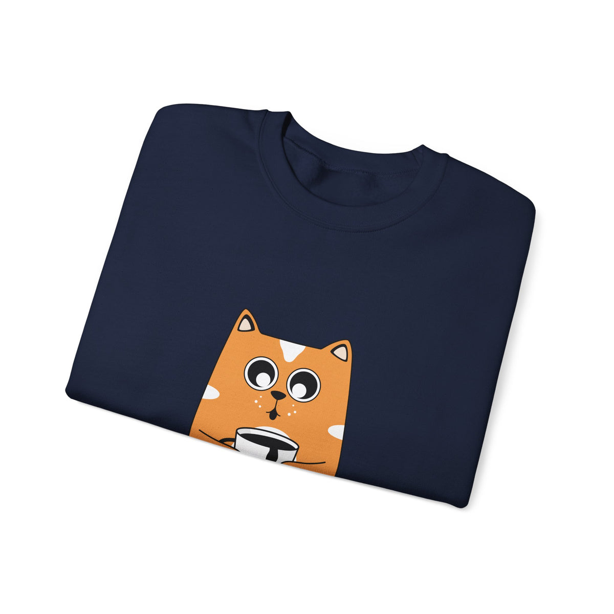Cat Coffee Crewneck Sweatshirt — Cute Orange Cat Holding Mug Cozy Pullover