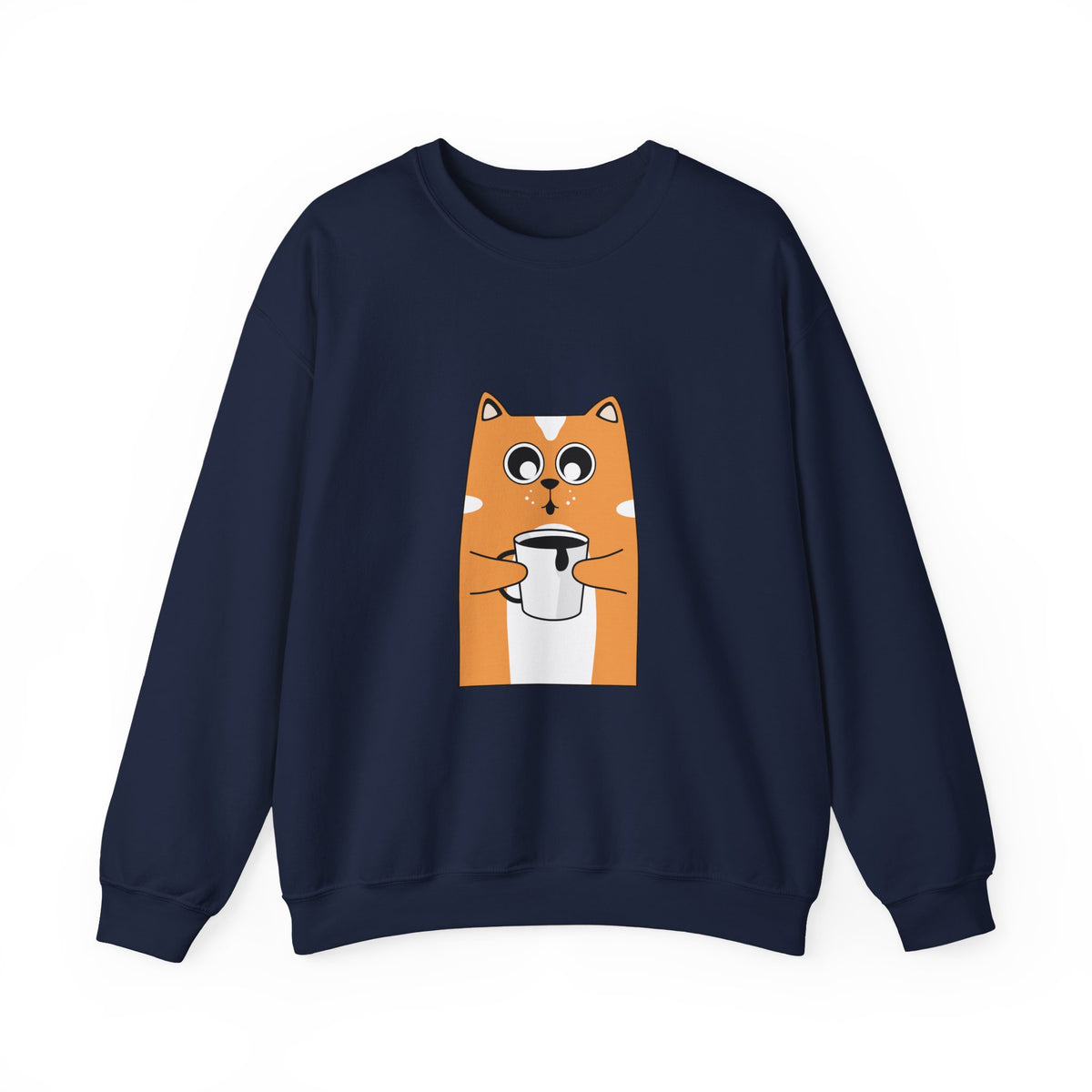 Cat Coffee Crewneck Sweatshirt — Cute Orange Cat Holding Mug Cozy Pullover