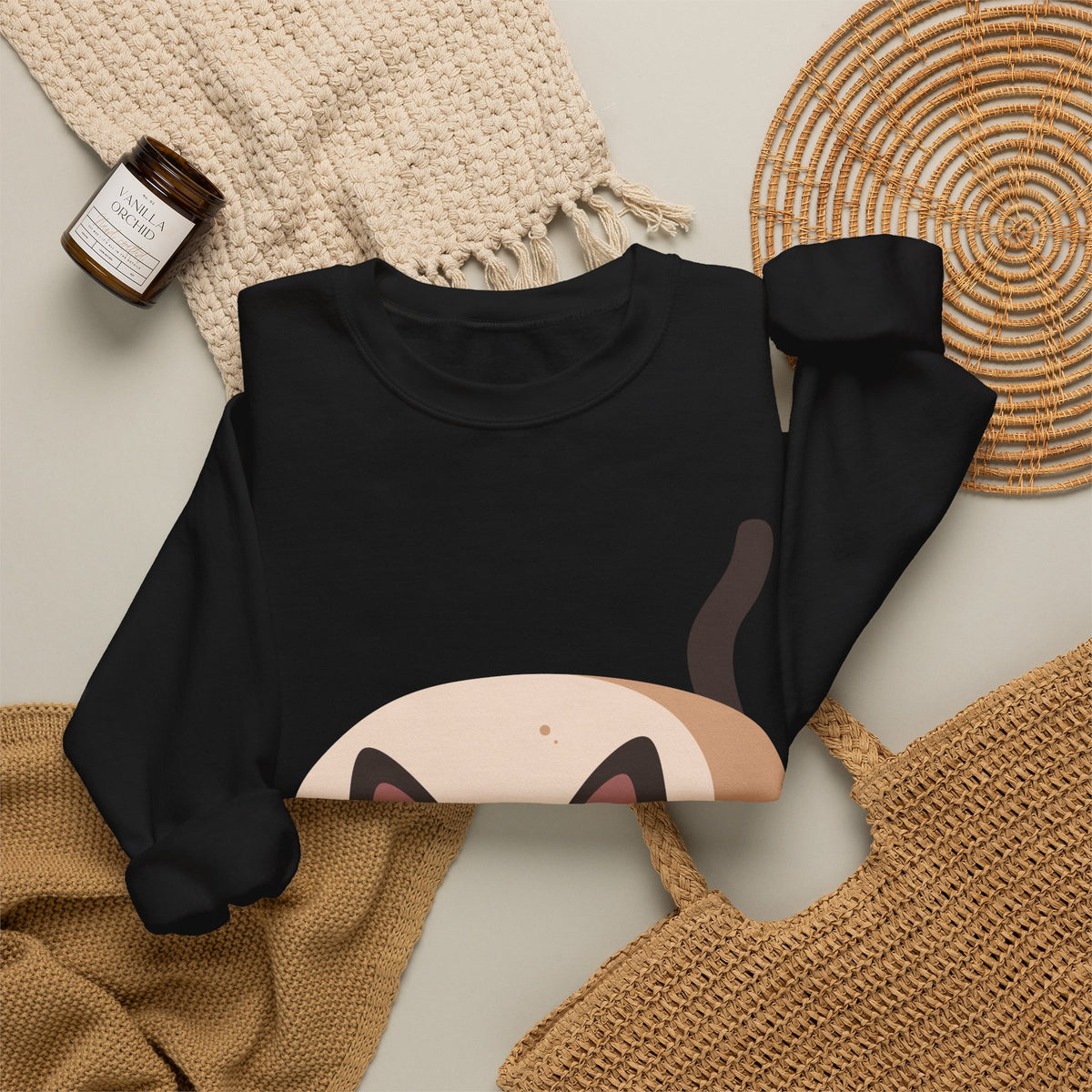 Cute Cartoon Cat Crewneck Sweatshirt — Playful Black Cat Graphic
