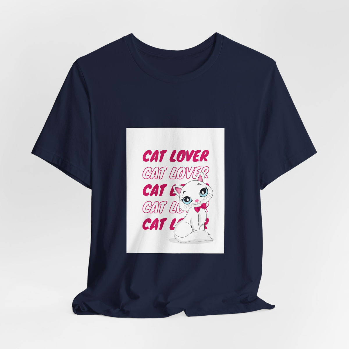 Cat Lover Graphic Tee — Cute White Cat Illustration with 'CAT LOVER' Pink Text