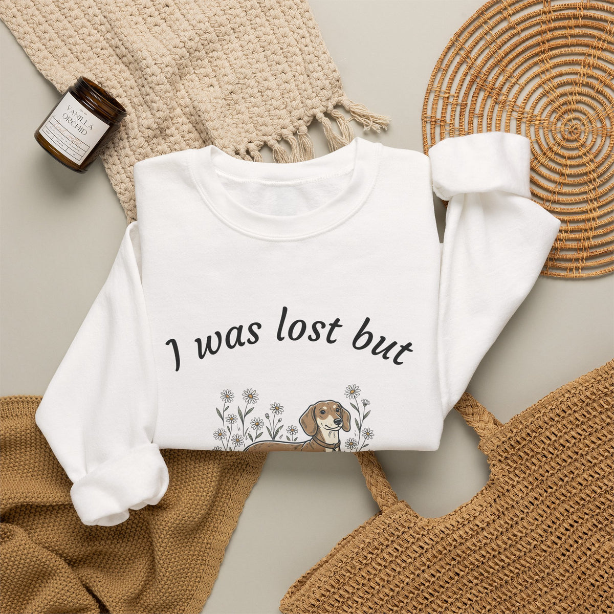 Dachshund Sweatshirt — "I was lost but now I’m hound" Crewneck