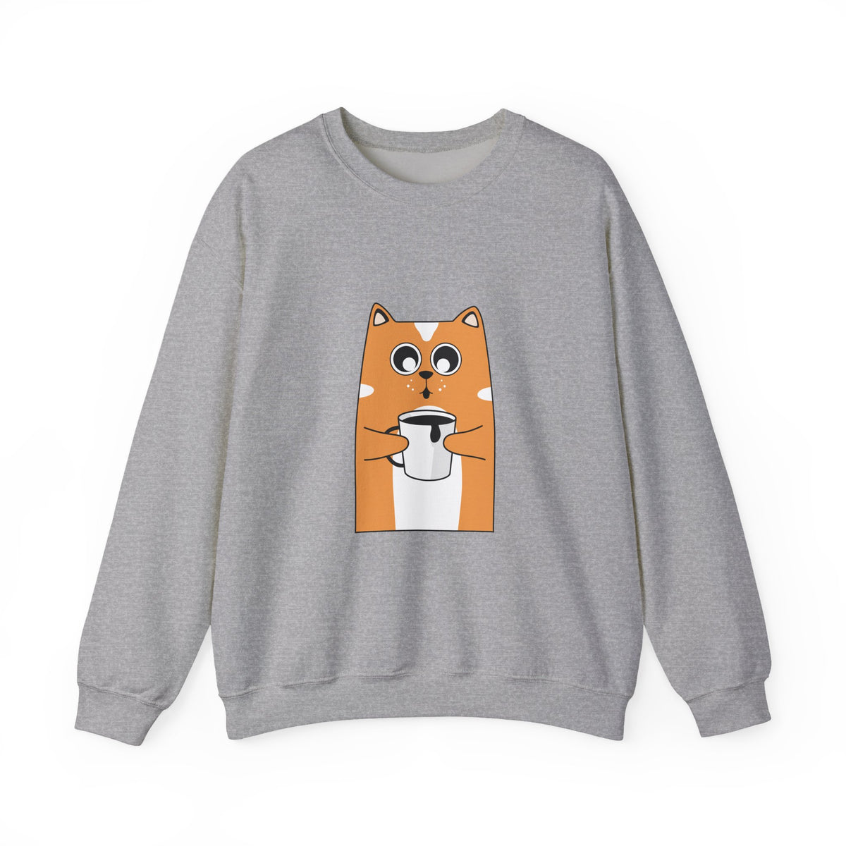 Cat Coffee Crewneck Sweatshirt — Cute Orange Cat Holding Mug Cozy Pullover