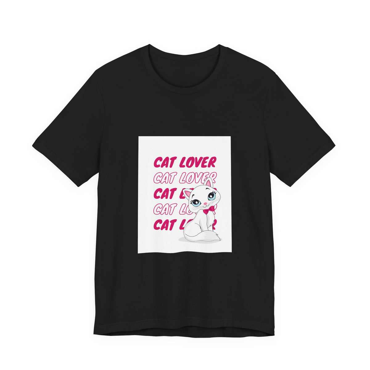 Cat Lover Graphic Tee — Cute White Cat Illustration with 'CAT LOVER' Pink Text