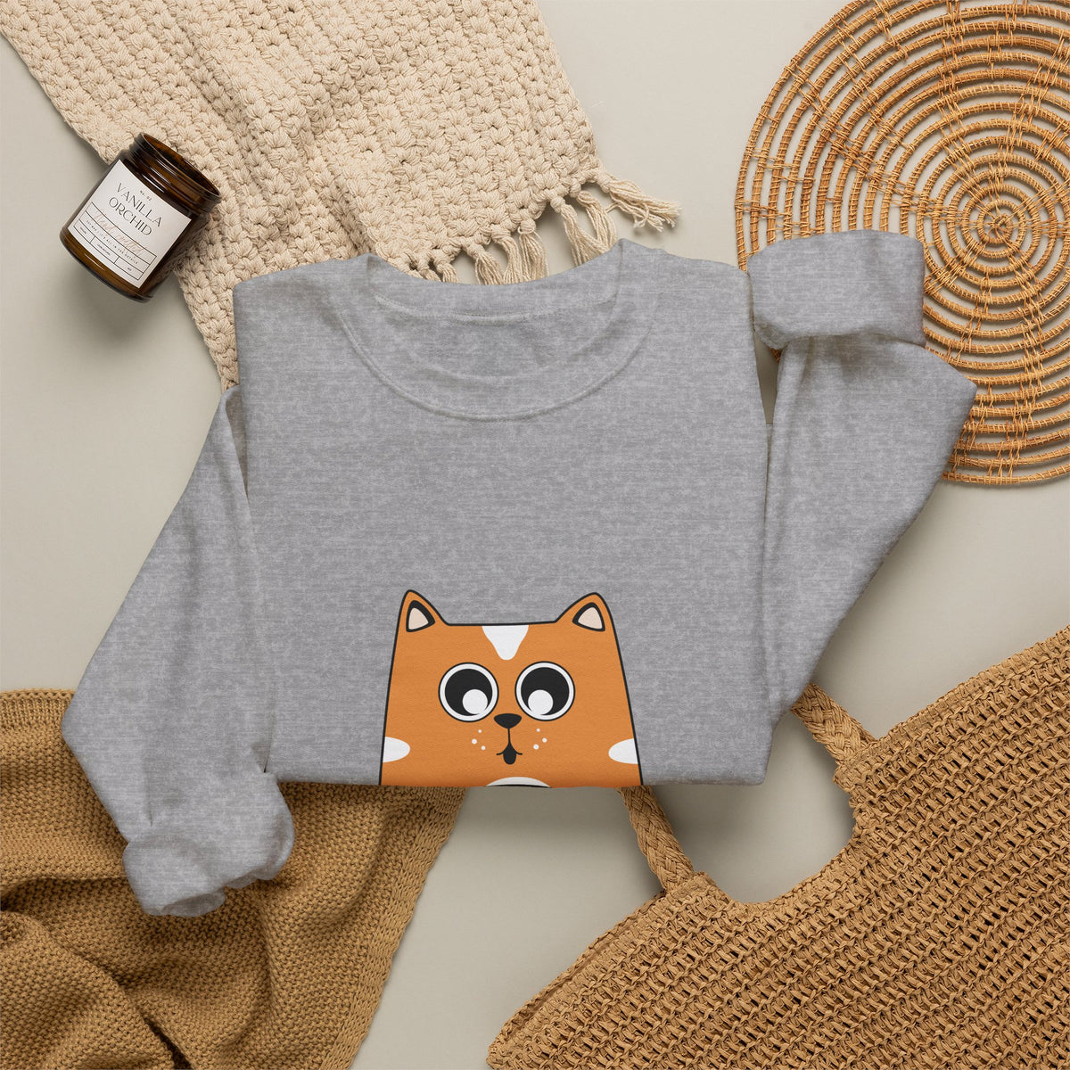 Cat Coffee Crewneck Sweatshirt — Cute Orange Cat Holding Mug Cozy Pullover
