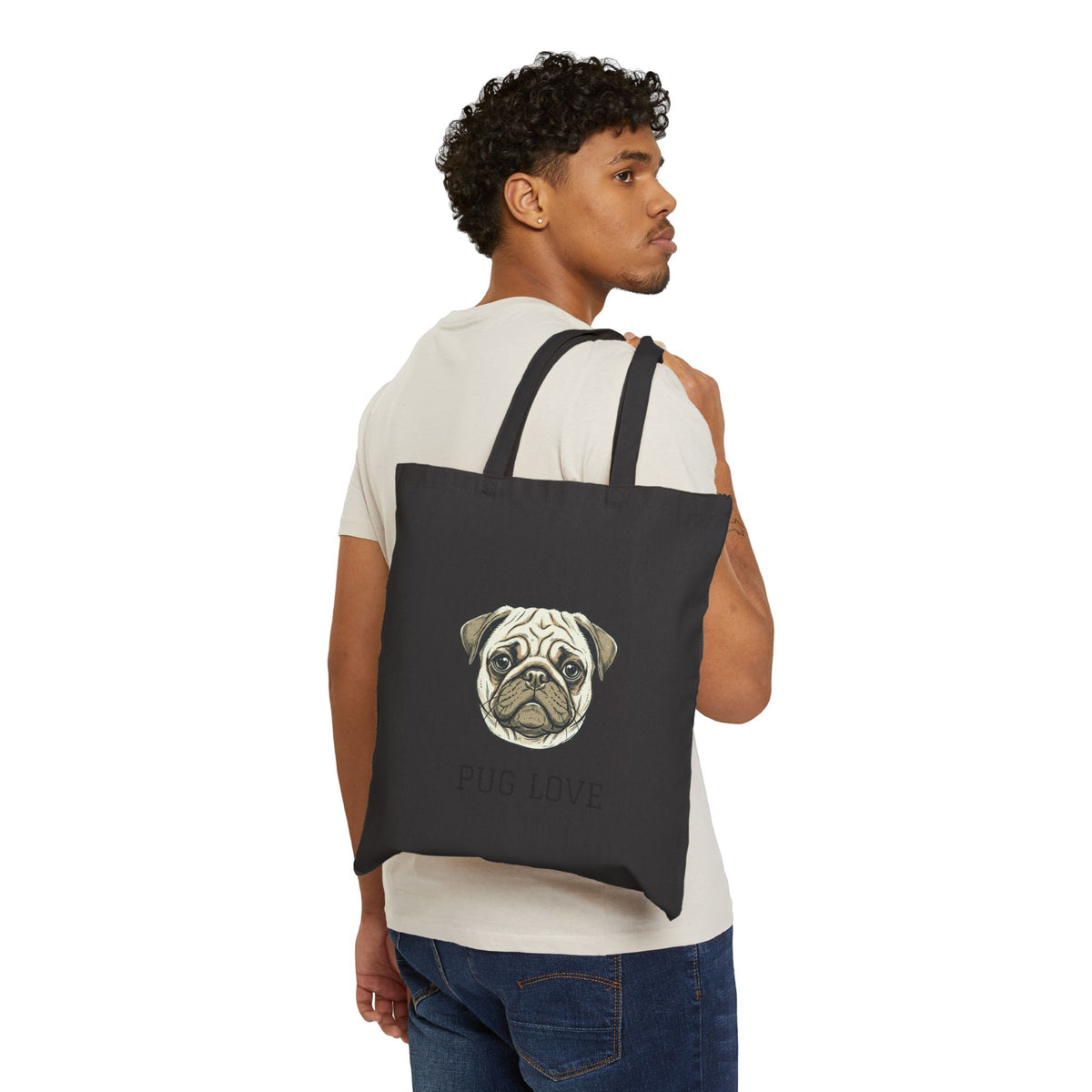 Pug Love Canvas Tote Bag — Cute Pug Illustration Eco Grocery Shopper