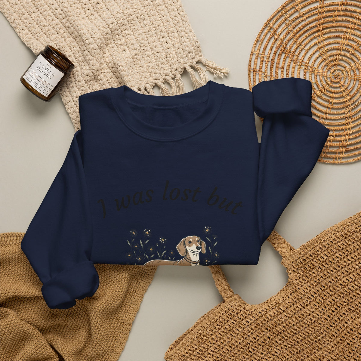 Dachshund Sweatshirt — "I was lost but now I’m hound" Crewneck