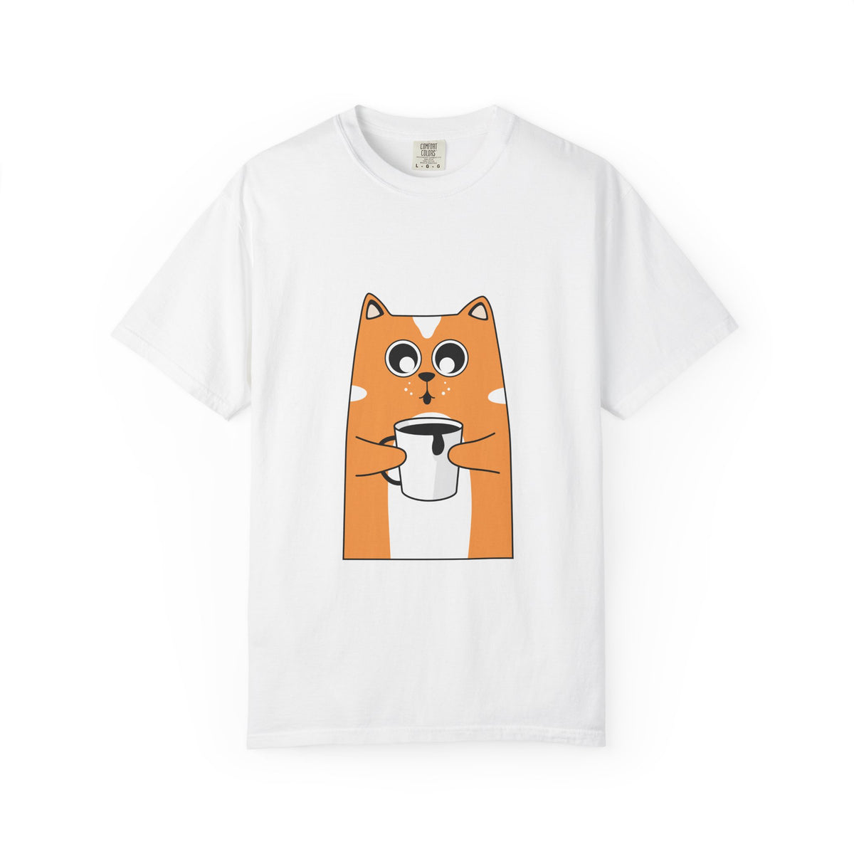 Cute Orange Cat Holding Coffee T-Shirt — Playful Café Cat Tee