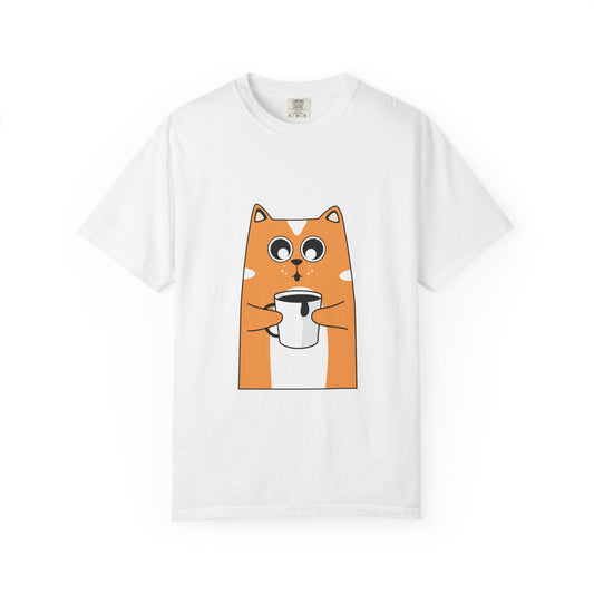 Cute Orange Cat Holding Coffee T-Shirt — Playful Café Cat Tee