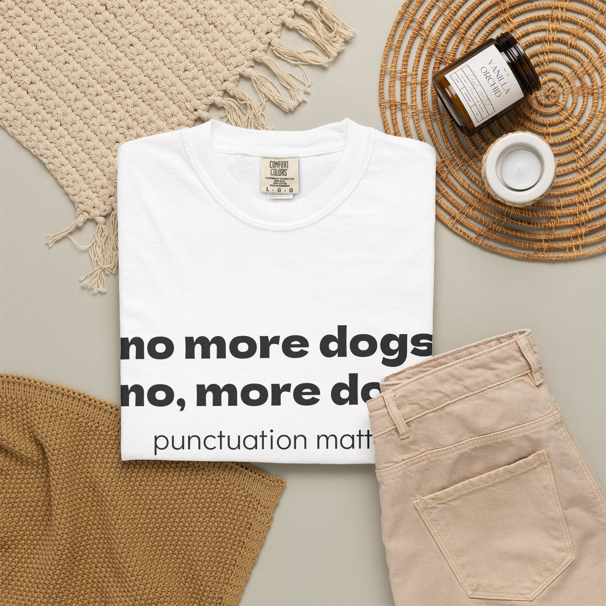 Punctuation Matters T‑Shirt — “no more dogs, no, more dogs” Funny Grammar Tee