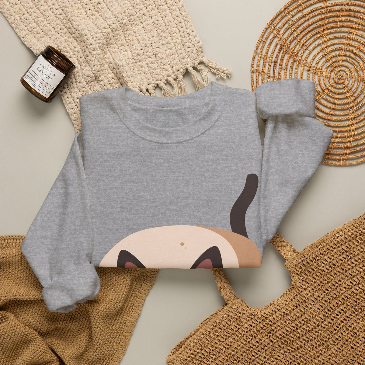 Cute Cartoon Cat Crewneck Sweatshirt — Playful Black Cat Graphic