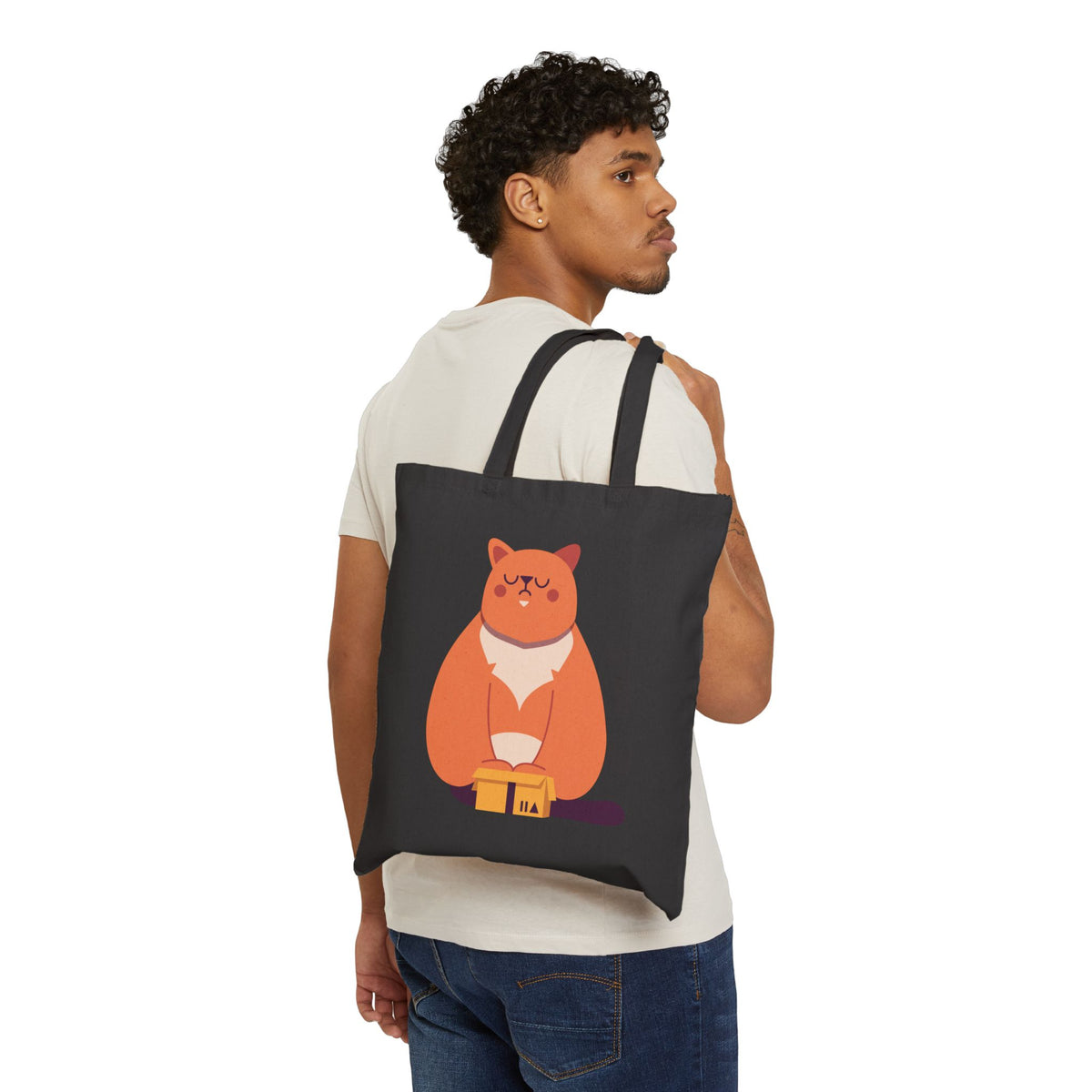 Canvas Tote Bag — Cute Meditating Cat Illustration Eco Shopper