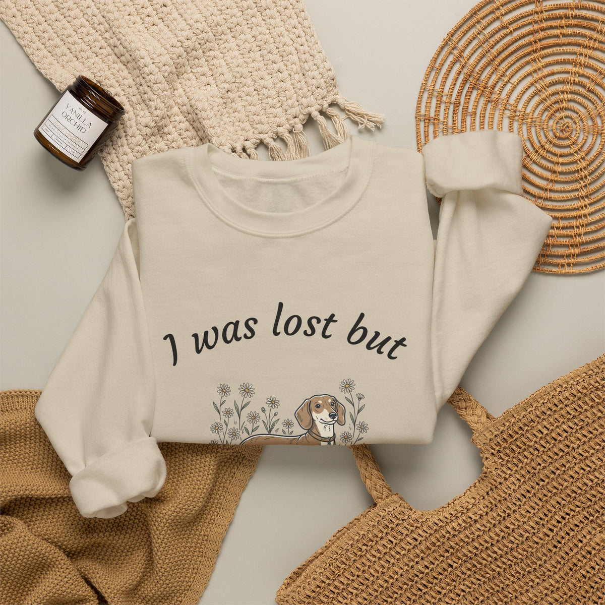 Dachshund Sweatshirt — "I was lost but now I’m hound" Crewneck