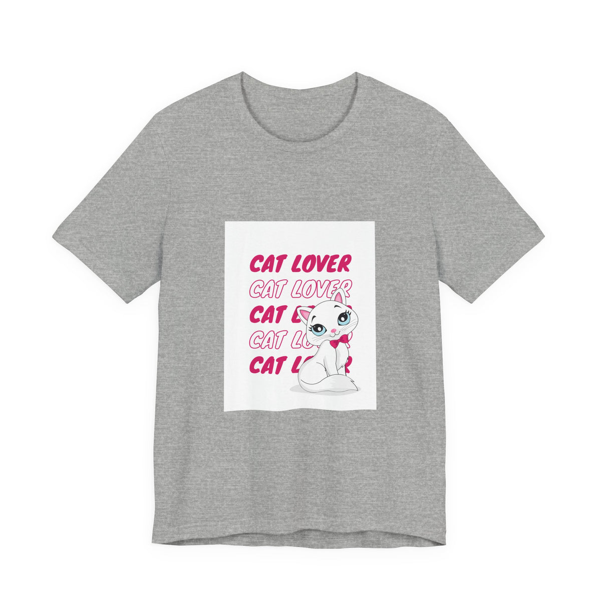 Cat Lover Graphic Tee — Cute White Cat Illustration with 'CAT LOVER' Pink Text