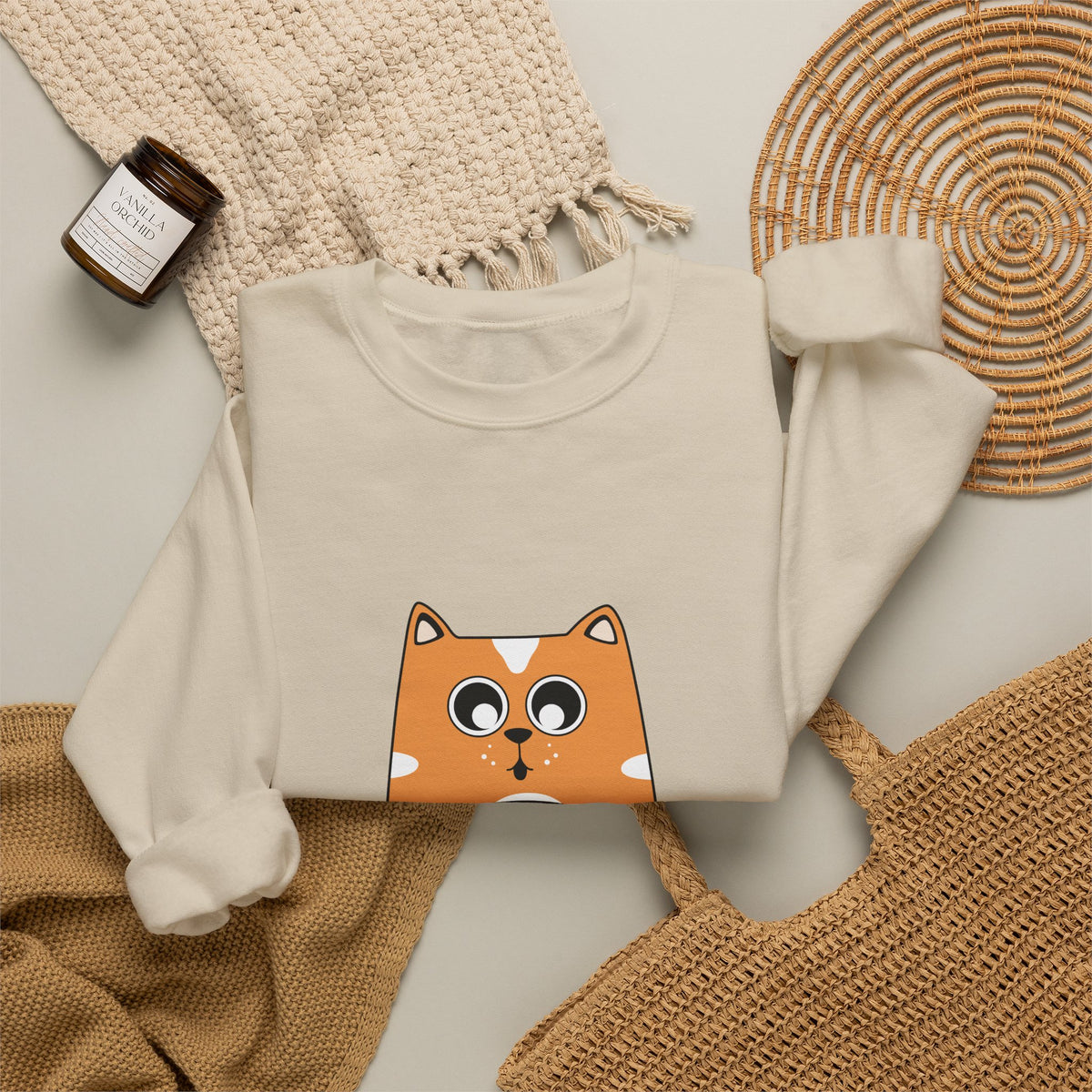 Cat Coffee Crewneck Sweatshirt — Cute Orange Cat Holding Mug Cozy Pullover