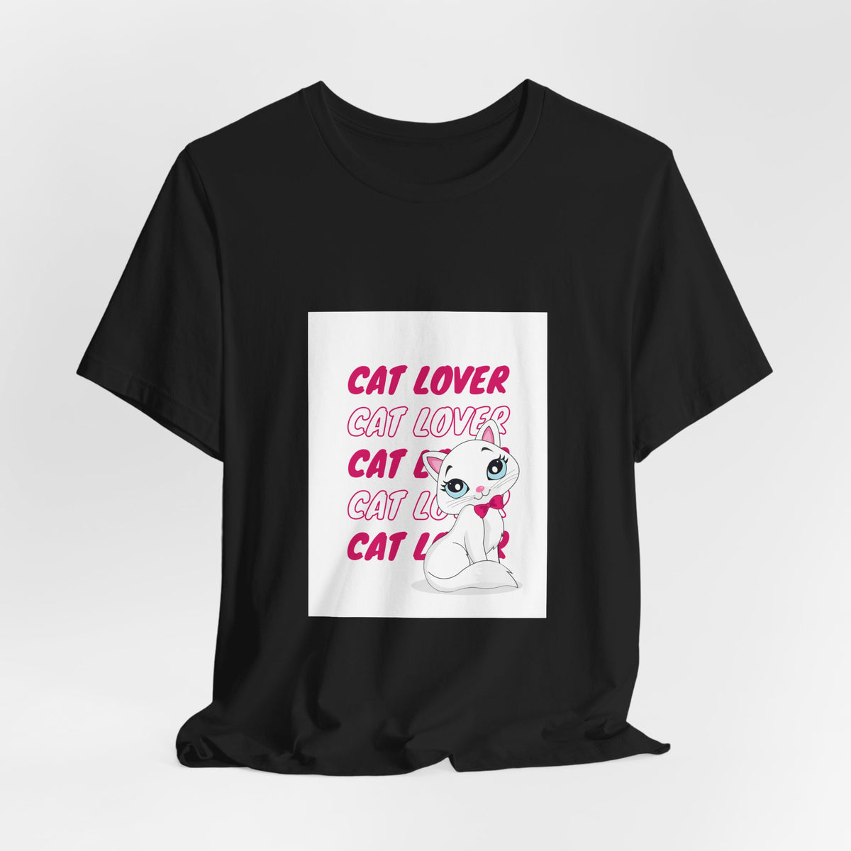 Cat Lover Graphic Tee — Cute White Cat Illustration with 'CAT LOVER' Pink Text