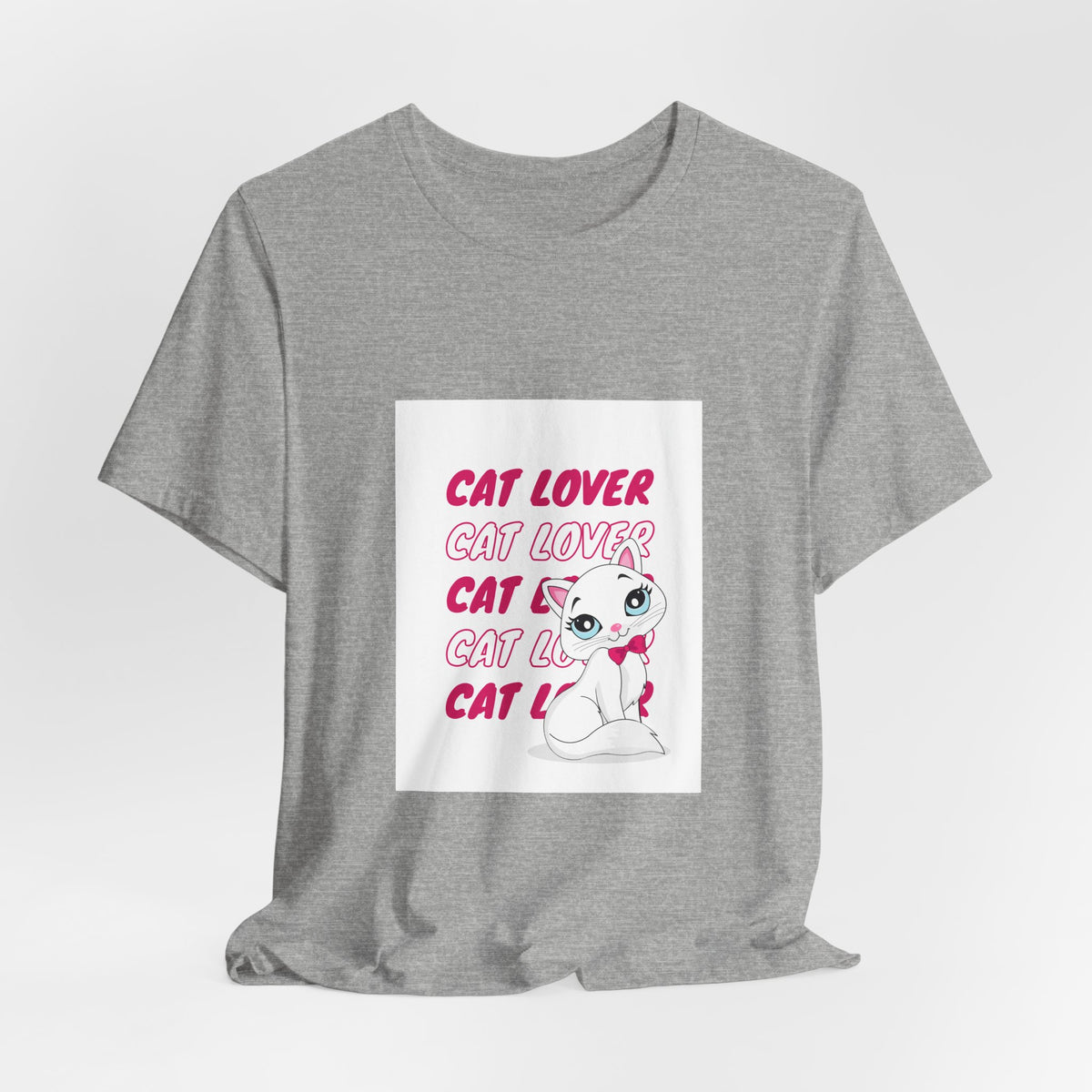 Cat Lover Graphic Tee — Cute White Cat Illustration with 'CAT LOVER' Pink Text