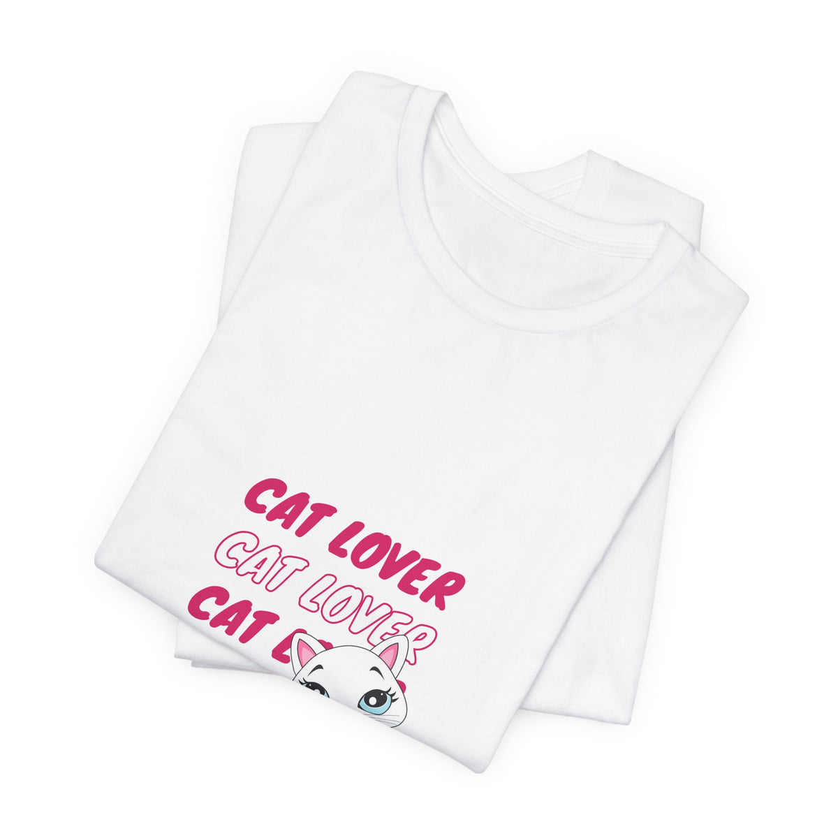 Cat Lover Graphic Tee — Cute White Cat Illustration with 'CAT LOVER' Pink Text