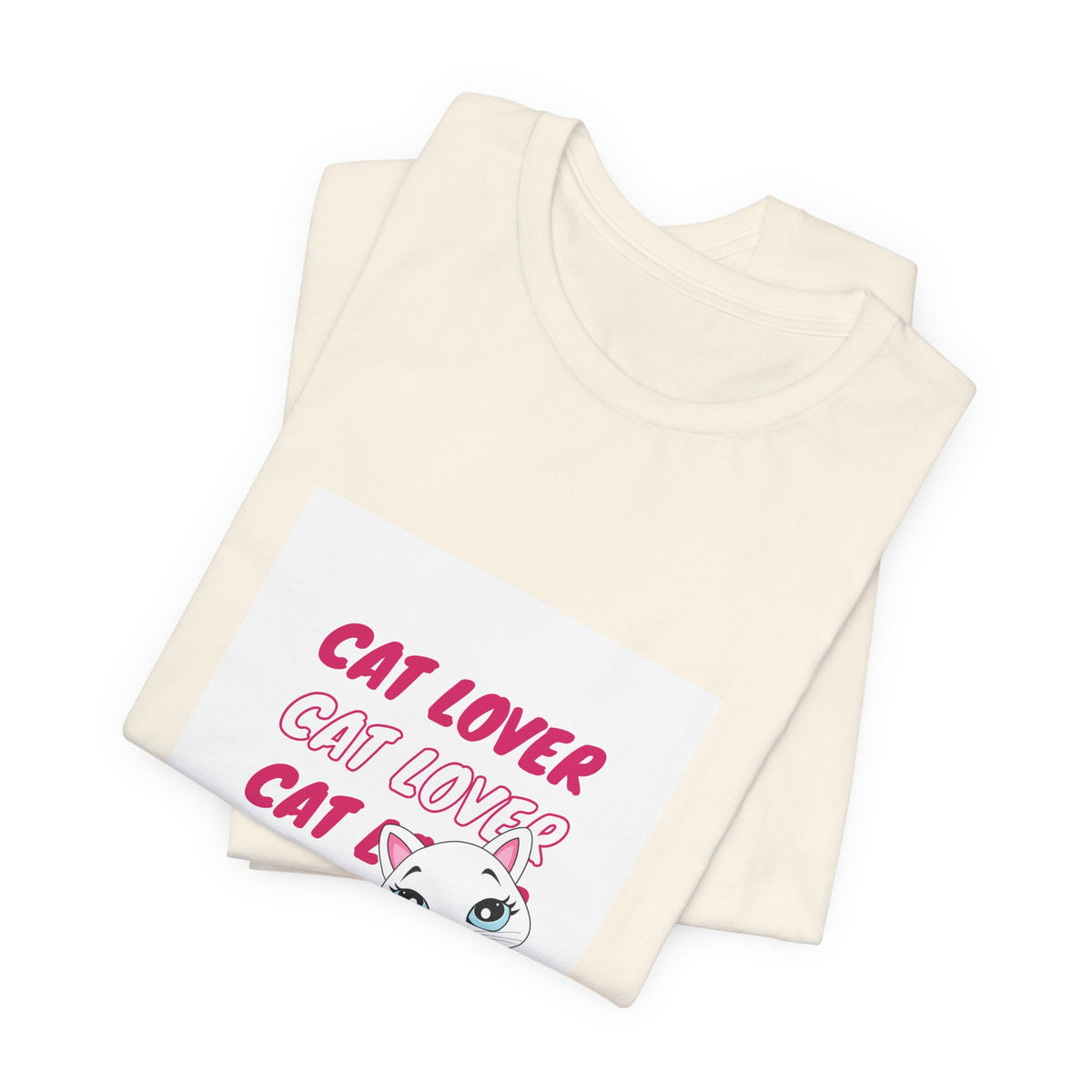 Cat Lover Graphic Tee — Cute White Cat Illustration with 'CAT LOVER' Pink Text