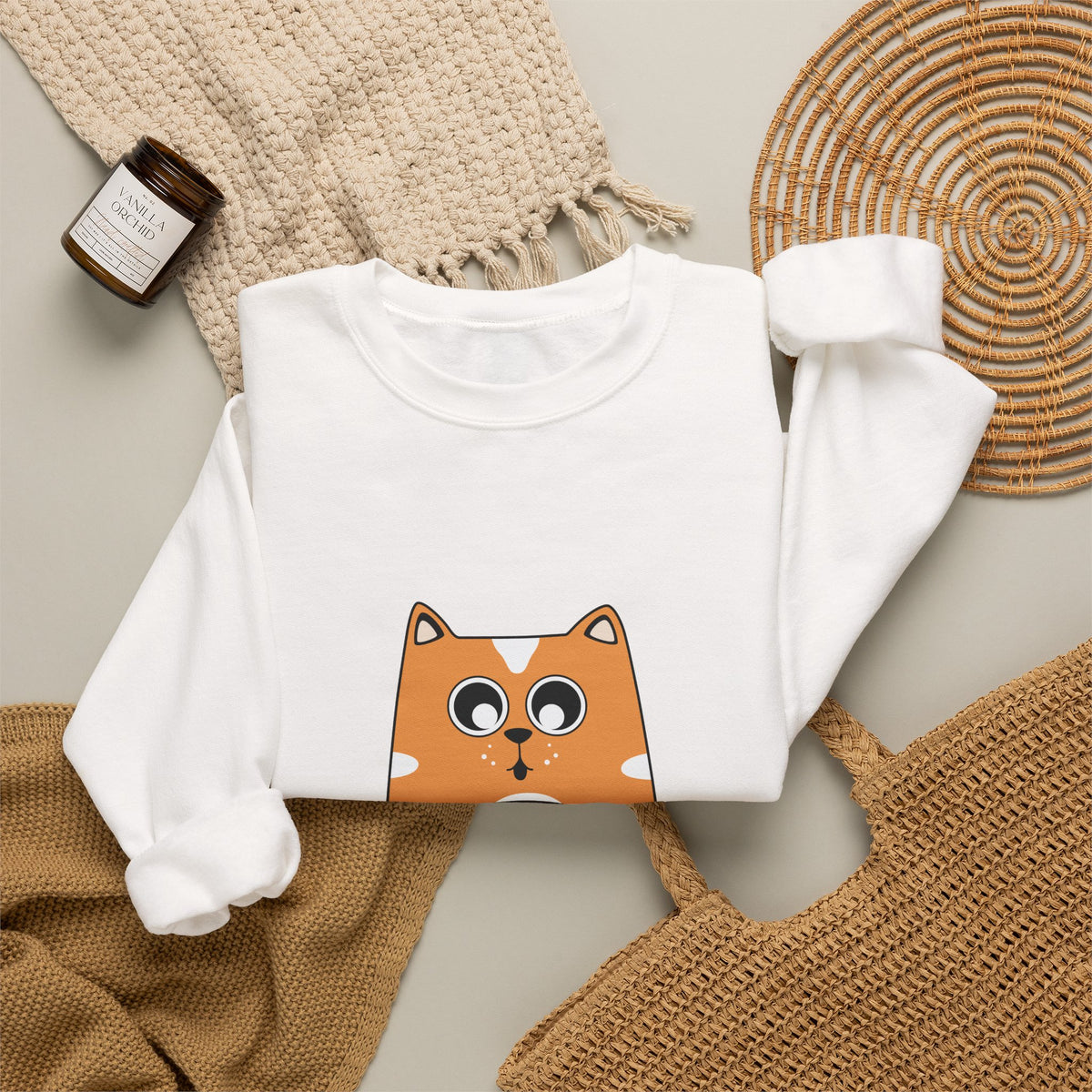 Cat Coffee Crewneck Sweatshirt — Cute Orange Cat Holding Mug Cozy Pullover