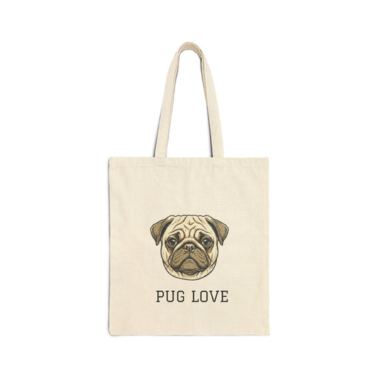 Pug Love Canvas Tote Bag — Cute Pug Illustration Eco Grocery Shopper
