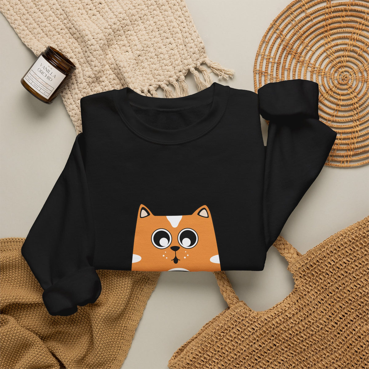 Cat Coffee Crewneck Sweatshirt — Cute Orange Cat Holding Mug Cozy Pullover