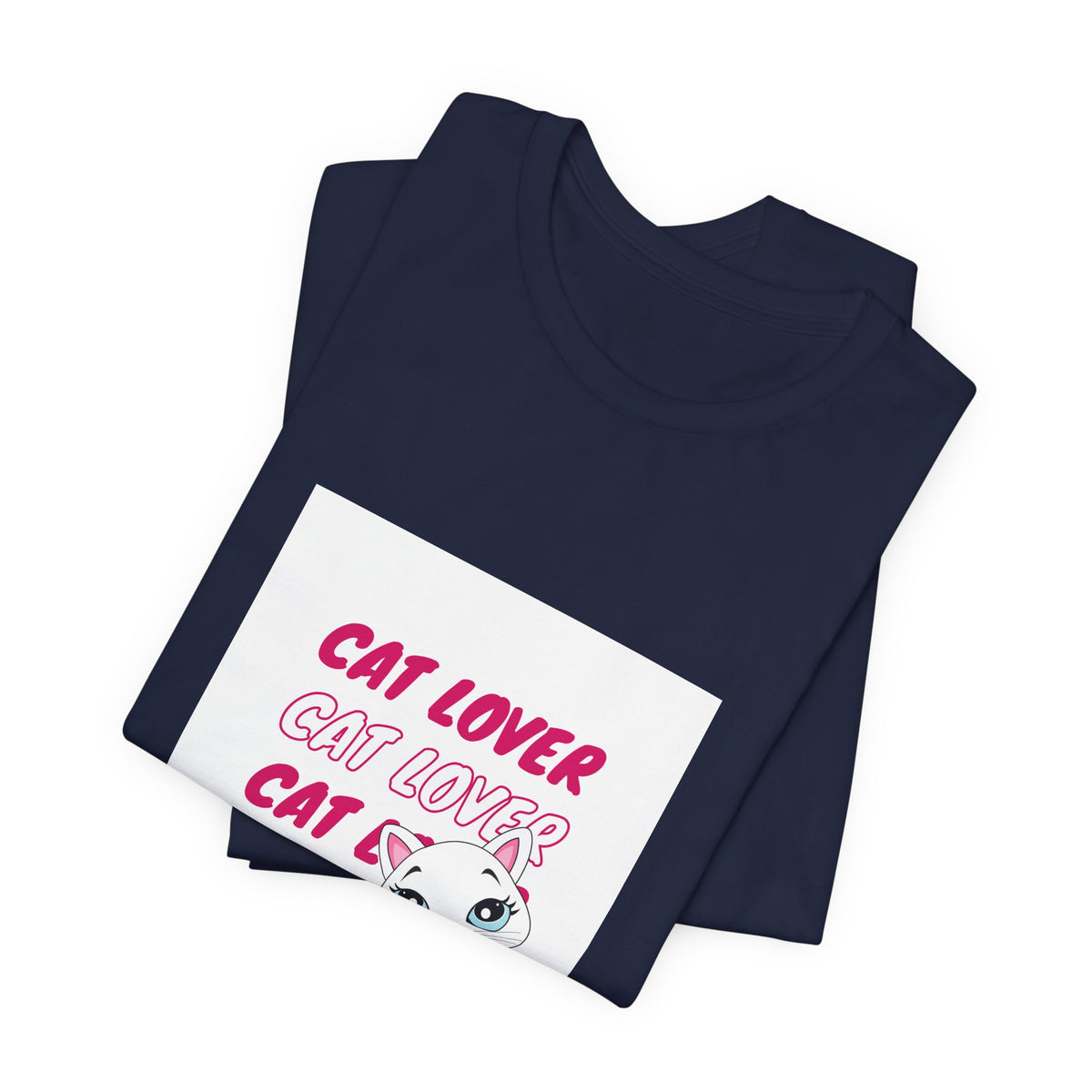 Cat Lover Graphic Tee — Cute White Cat Illustration with 'CAT LOVER' Pink Text