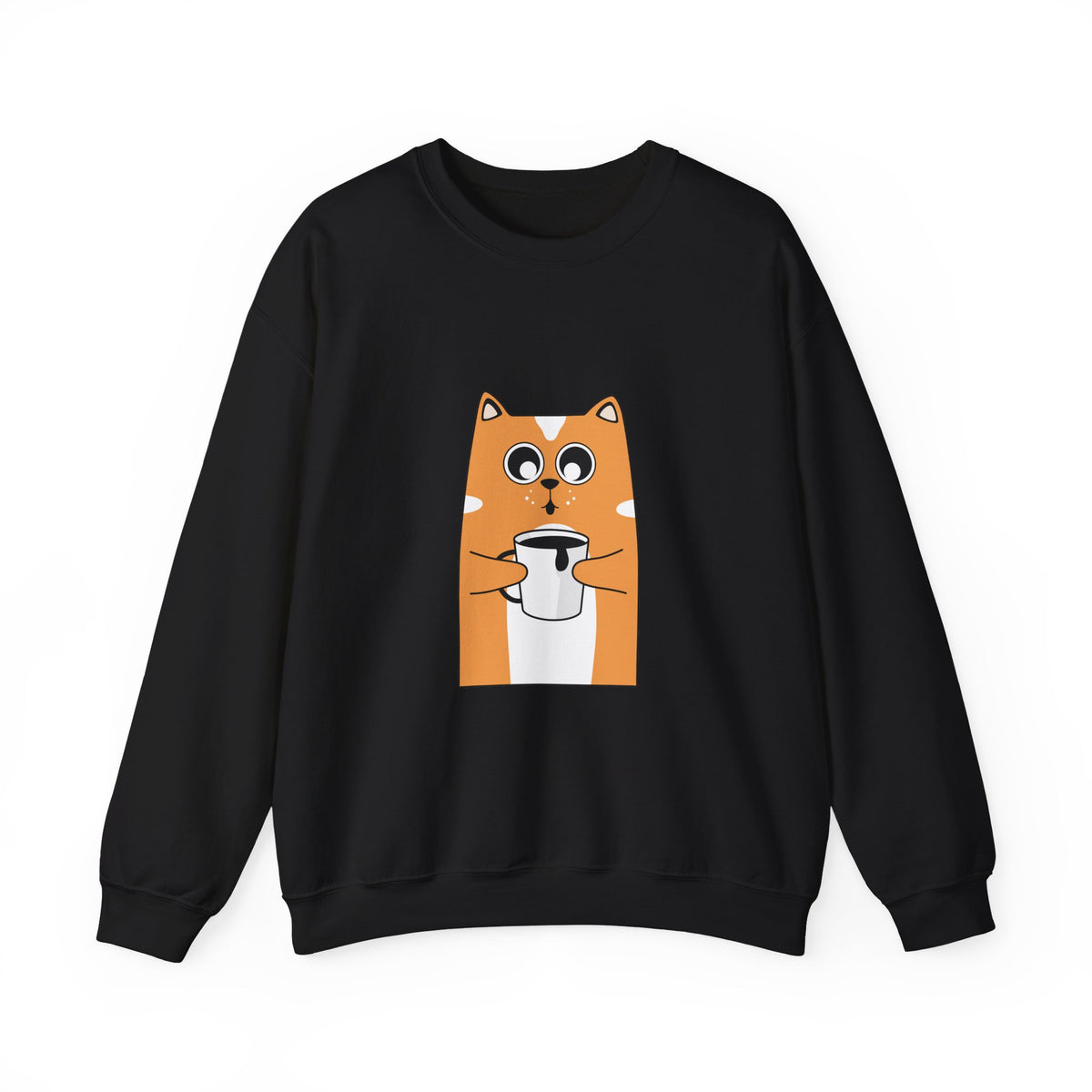 Cat Coffee Crewneck Sweatshirt — Cute Orange Cat Holding Mug Cozy Pullover