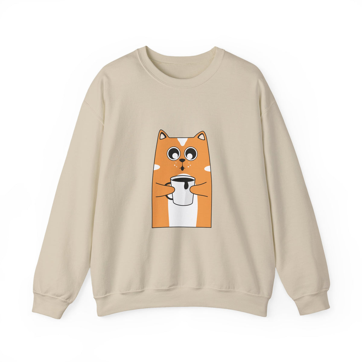 Cat Coffee Crewneck Sweatshirt — Cute Orange Cat Holding Mug Cozy Pullover