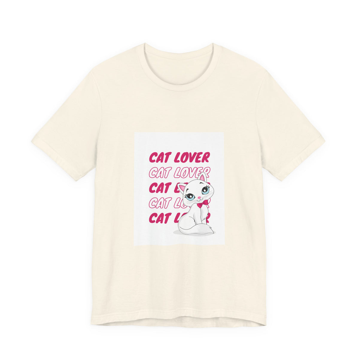 Cat Lover Graphic Tee — Cute White Cat Illustration with 'CAT LOVER' Pink Text