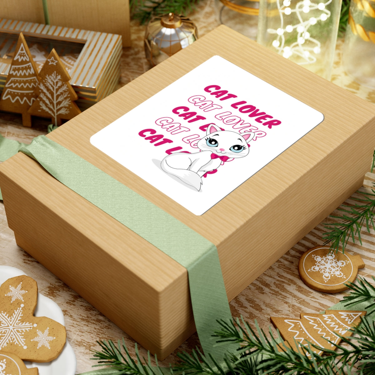 Cat Lover Kiss-Cut Sticker — Cute White Cat with Pink Text