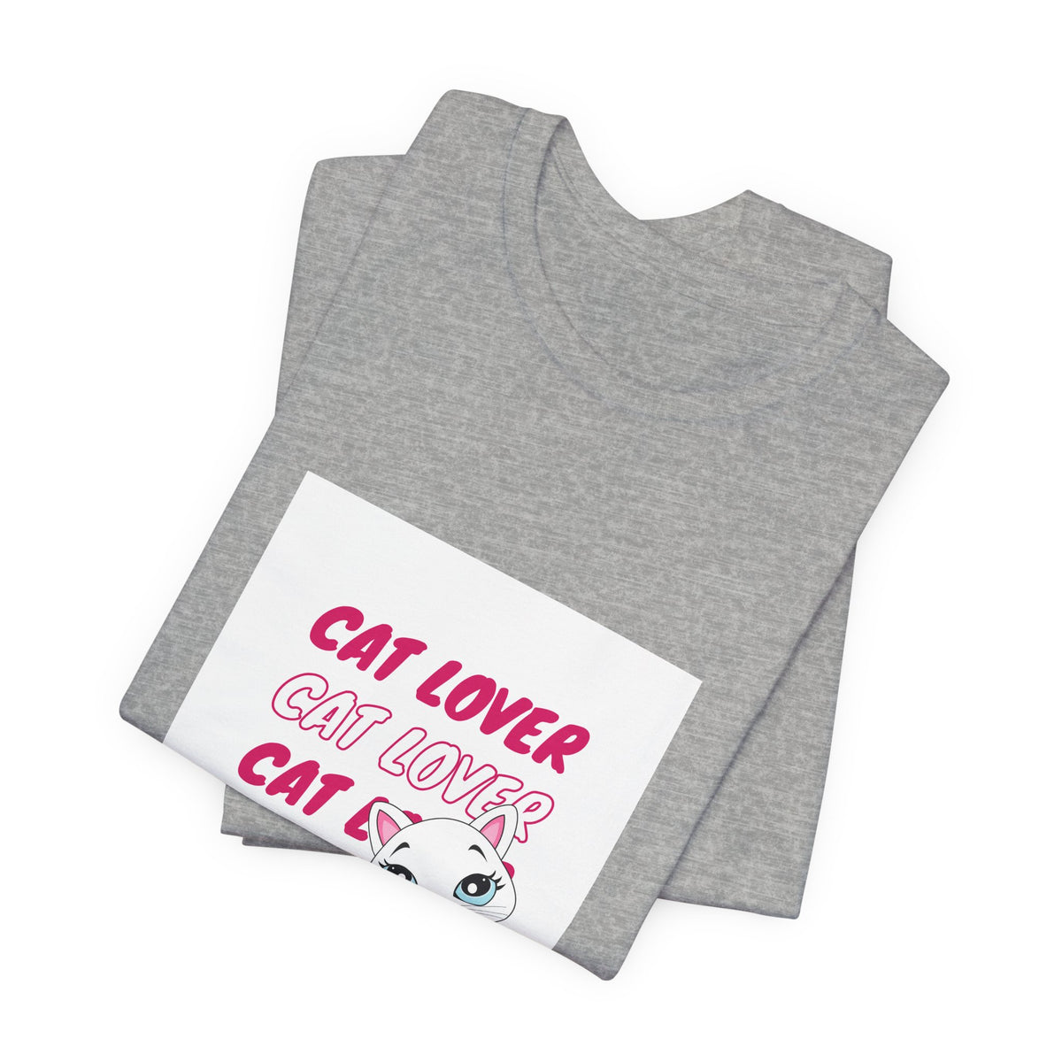 Cat Lover Graphic Tee — Cute White Cat Illustration with 'CAT LOVER' Pink Text