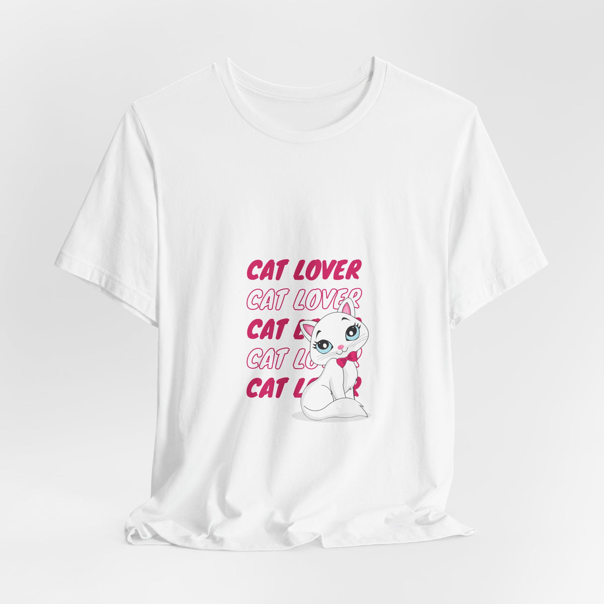 Cat Lover Graphic Tee — Cute White Cat Illustration with 'CAT LOVER' Pink Text