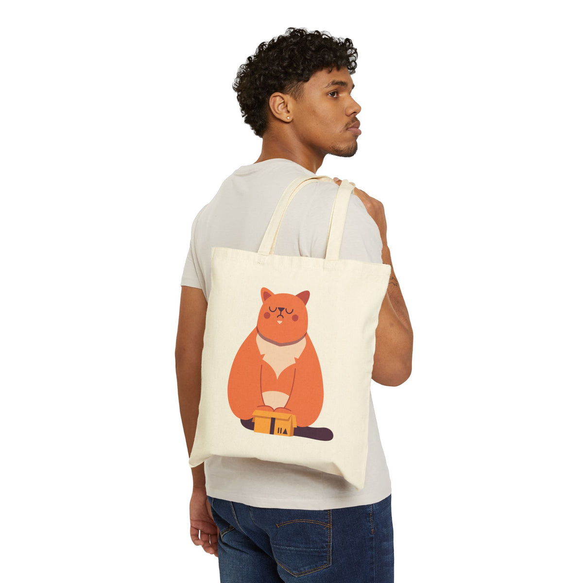Canvas Tote Bag — Cute Meditating Cat Illustration Eco Shopper