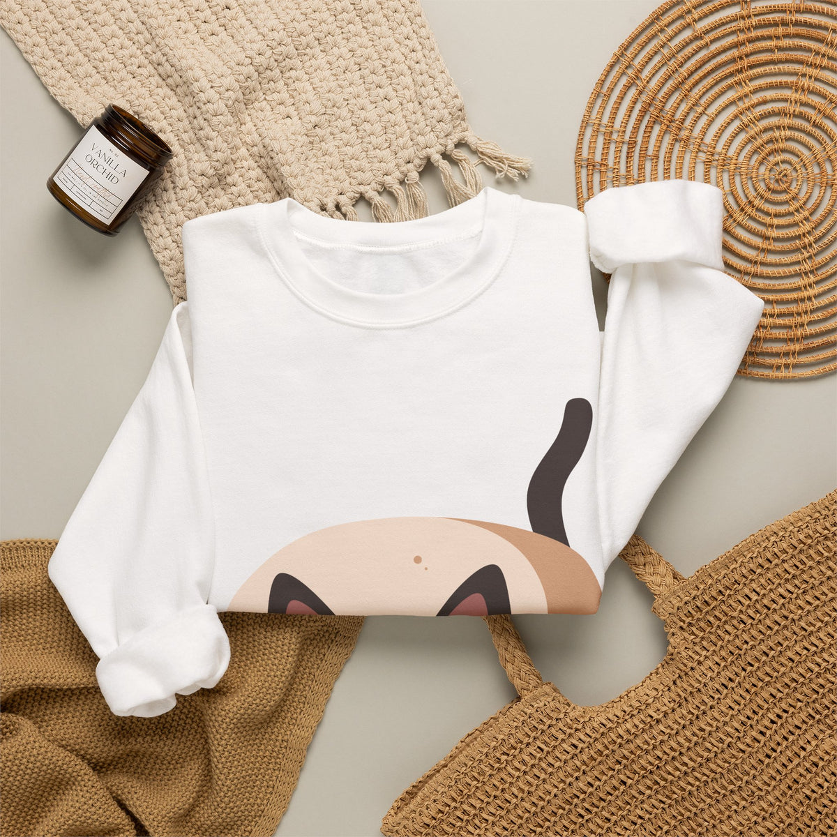 Cute Cartoon Cat Crewneck Sweatshirt — Playful Black Cat Graphic