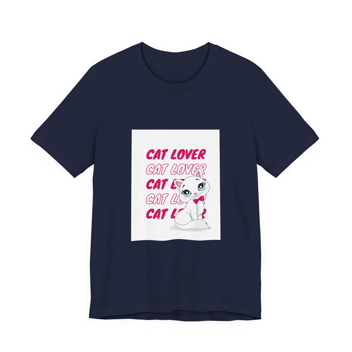 Cat Lover Graphic Tee — Cute White Cat Illustration with 'CAT LOVER' Pink Text